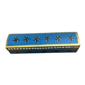 Vintage Handmade Wooden Jewelry Box Blue Gold Star Trinkets Decor